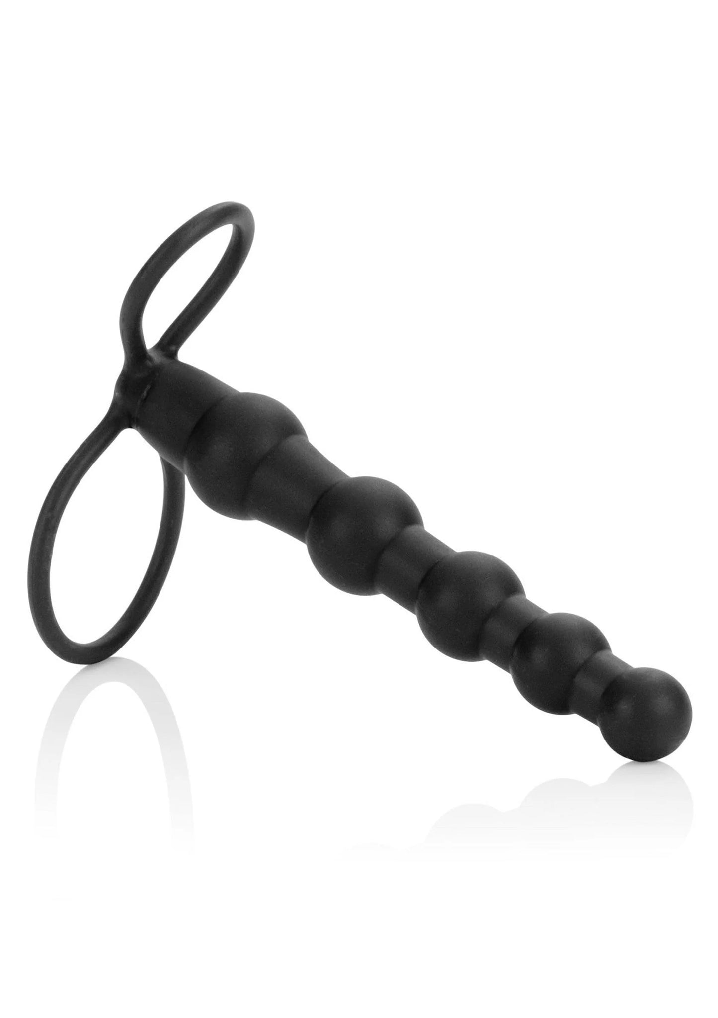 Zwarte siliconen duo-stimulator met knobbels en gebogen ring aan de steel