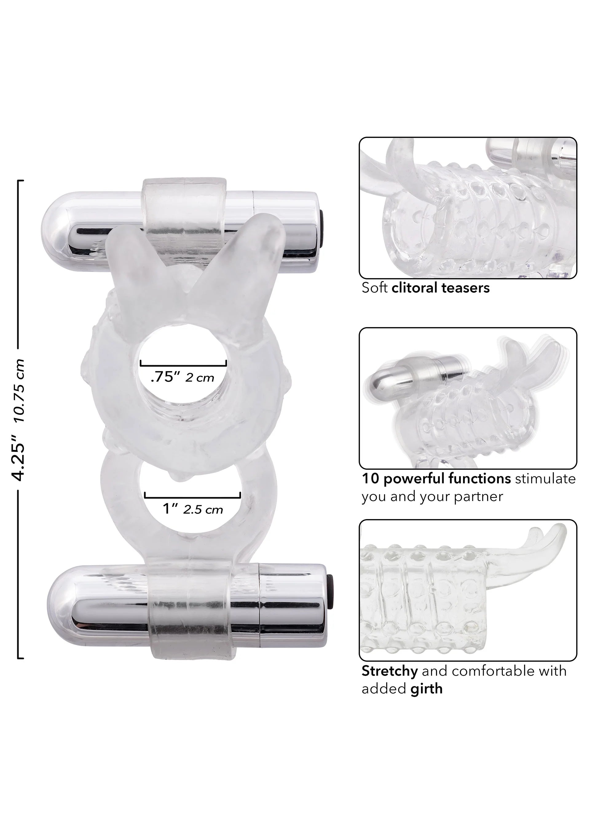 Transparant koppel-enhancer met afmetingen en twee zilverkleurige cartridges, CalExotics