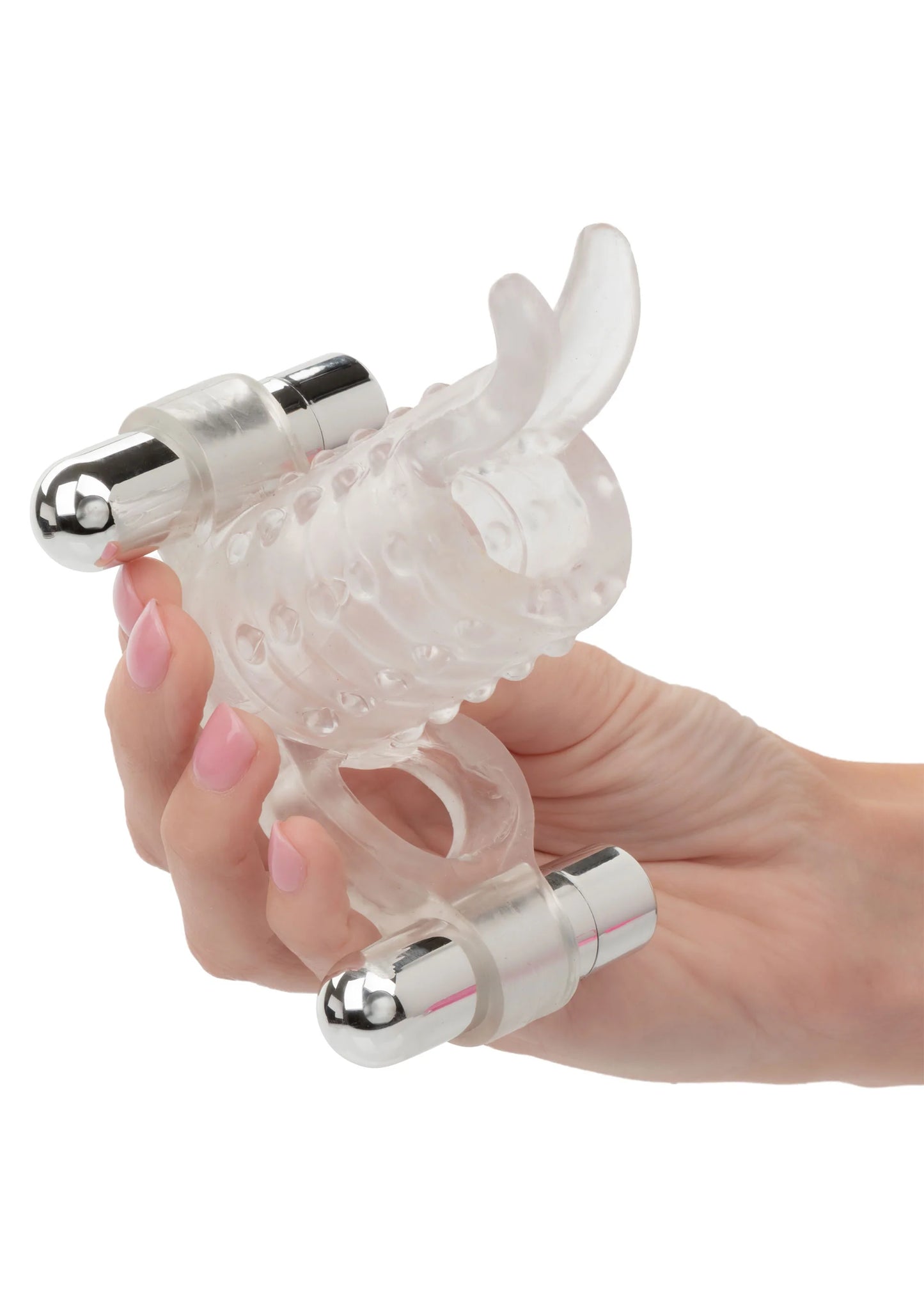 Transparant koppel-enhancer in hand met zilverkleurige uiteinden, CalExotics Endless Desires