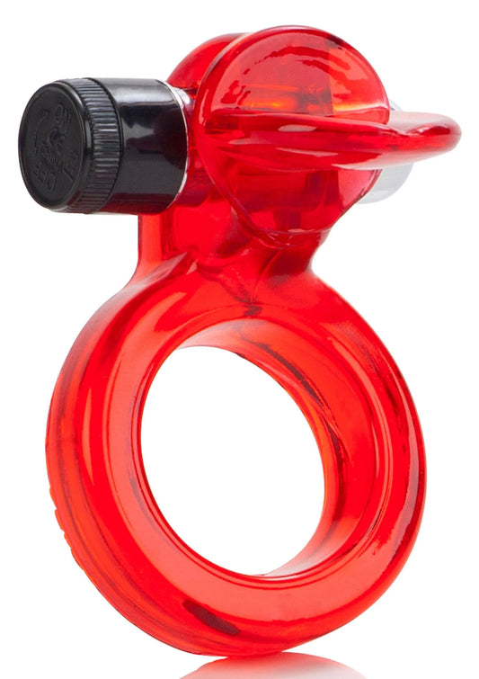 Rode doorzichtige cockring met clitorisstimulatie, draadloos