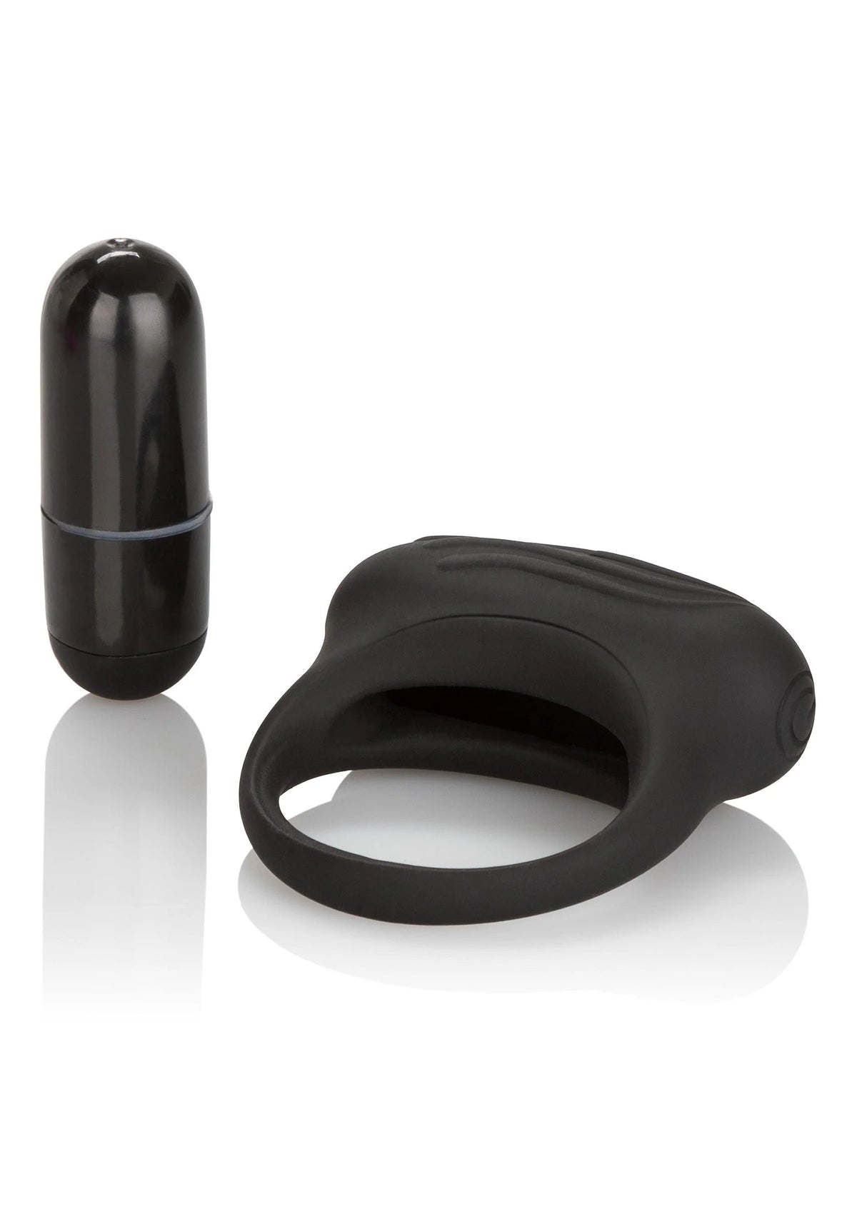 Zwarte siliconen ringvibrator met afgeronde randen en capsulevormige voet