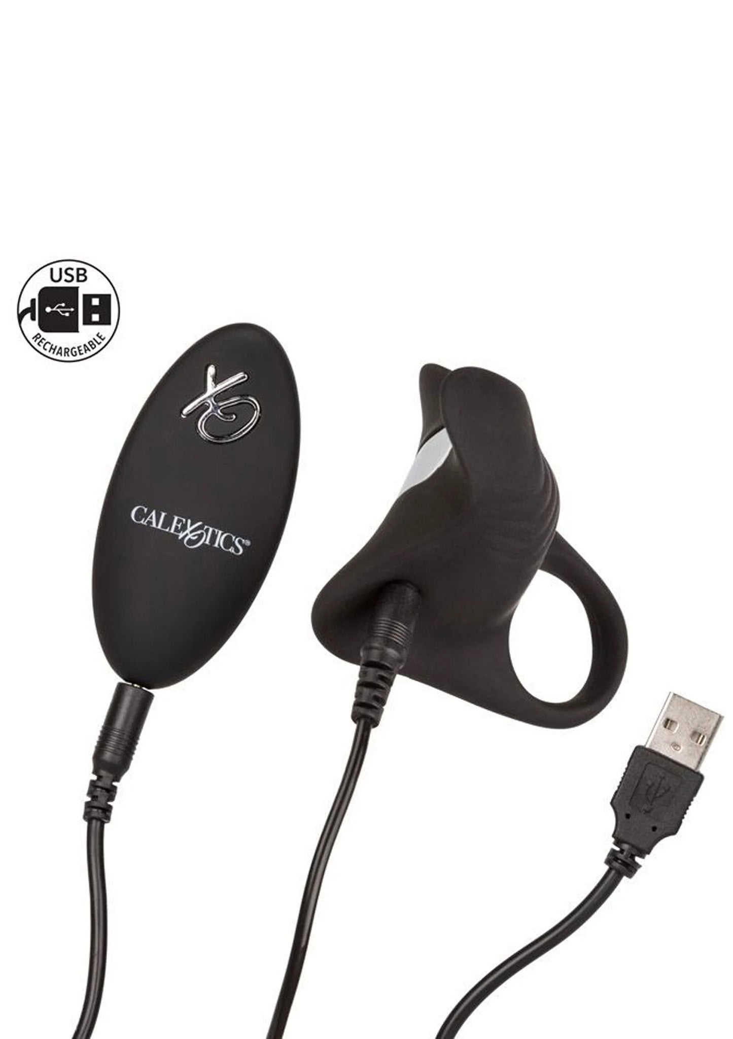 Zwarte siliconen afstandsbedieningsstimulant met USB-stekker en oplaadsnoer