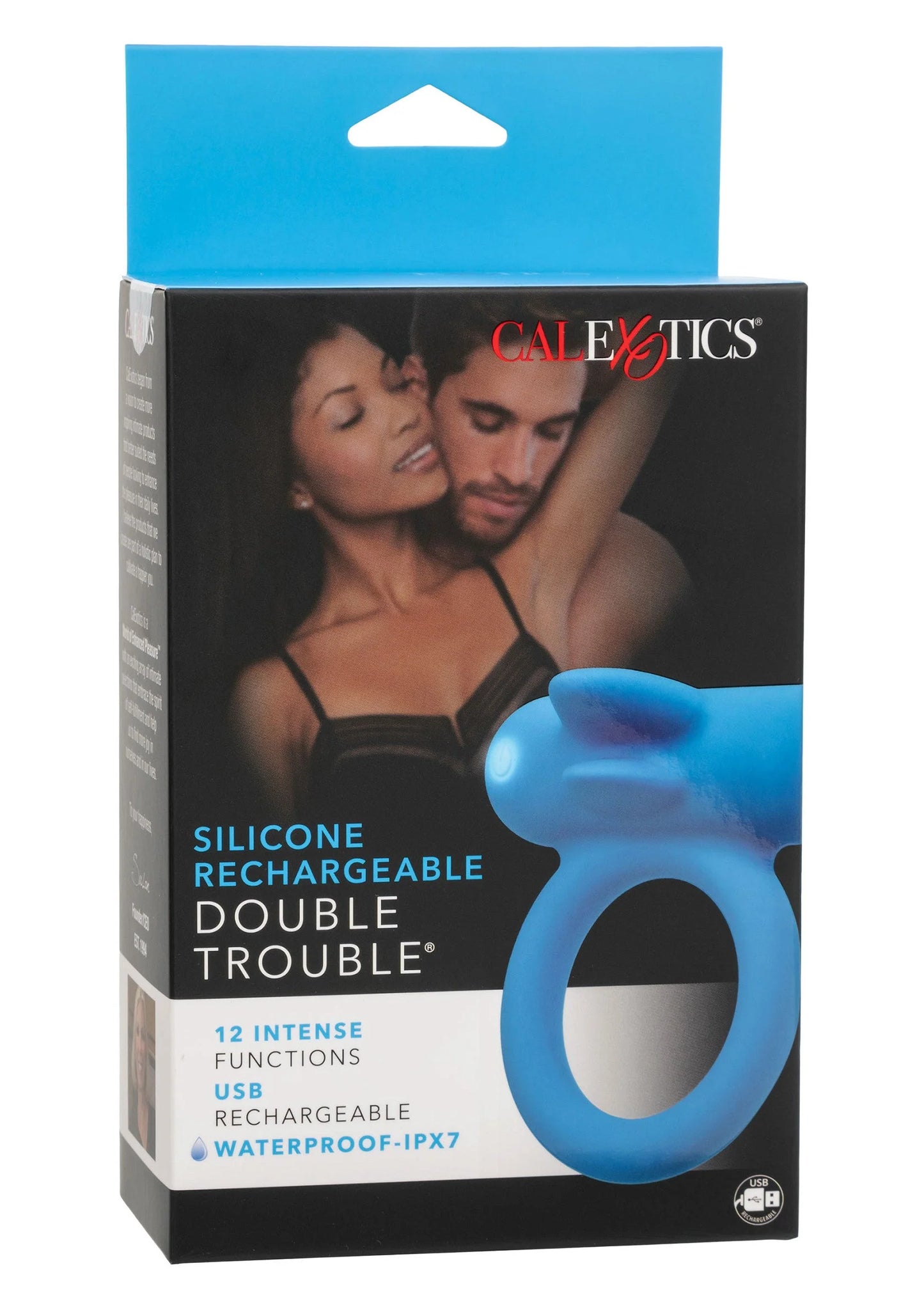 Verpakking van oplaadbare siliconen ringvibrator in blauw