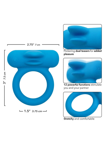 Oplaadbare siliconen ringvibrator in blauw met afmetingen en functie-illustraties