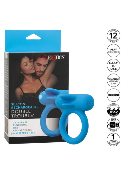 Verpakking van oplaadbare siliconen ringvibrator met blauw exemplaar en keurmerken