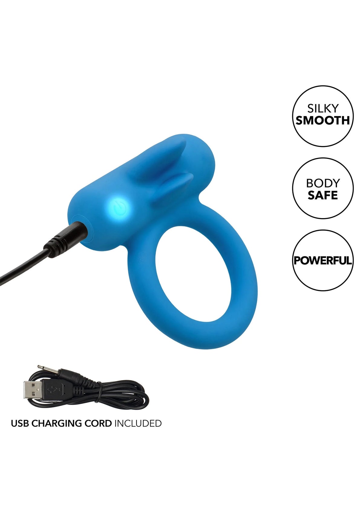 Oplaadbare siliconen ringvibrator in blauw met USB-oplaadkabel