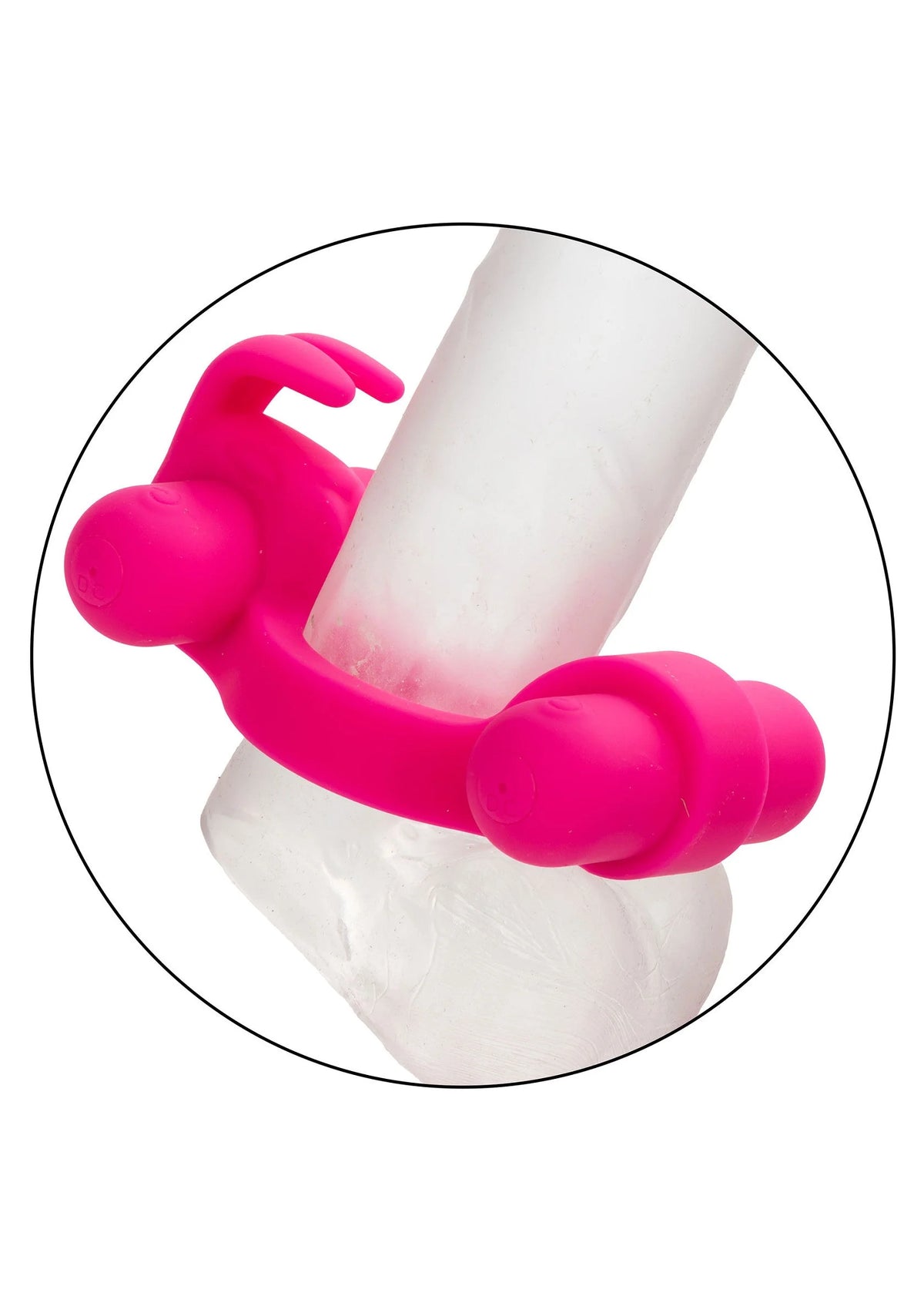 Fuchsia siliconen Rockin Rabbit vibrator, close-up op onderste bevestiging en uiteinde