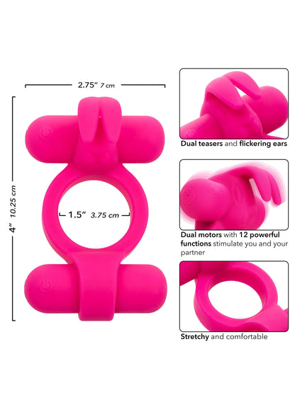 Fuchsia siliconen Rockin Rabbit vibrator met maatindicaties en detail van ring en oren