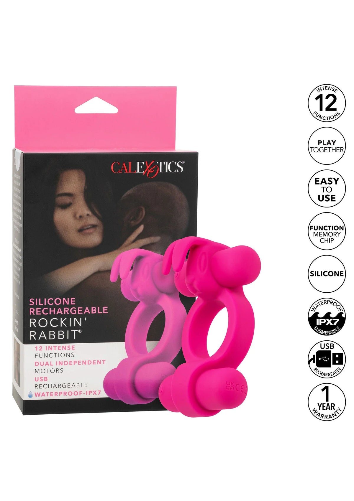 CalExotics productverpakking met fuchsia Rockin Rabbit vibrator en labelicoontjes