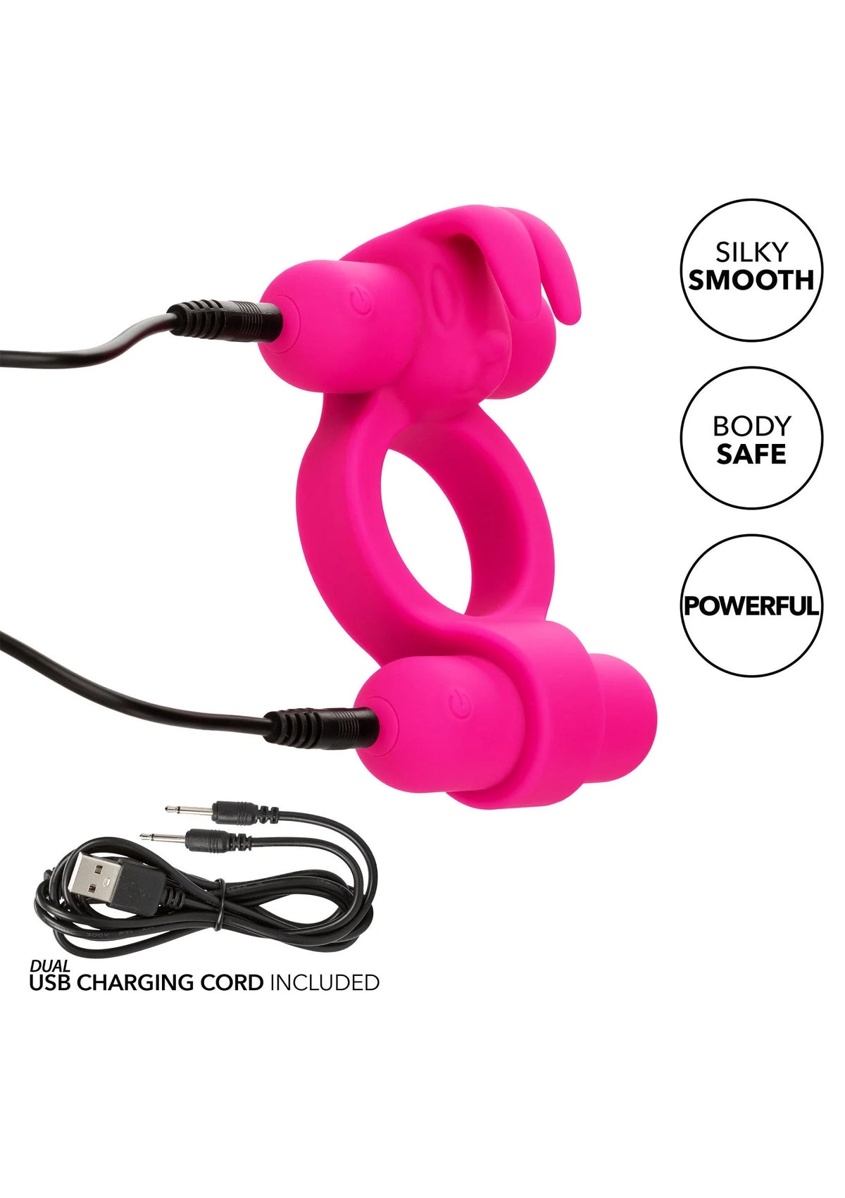 Fuchsia siliconen Rockin Rabbit vibrator met USB-laadkabel