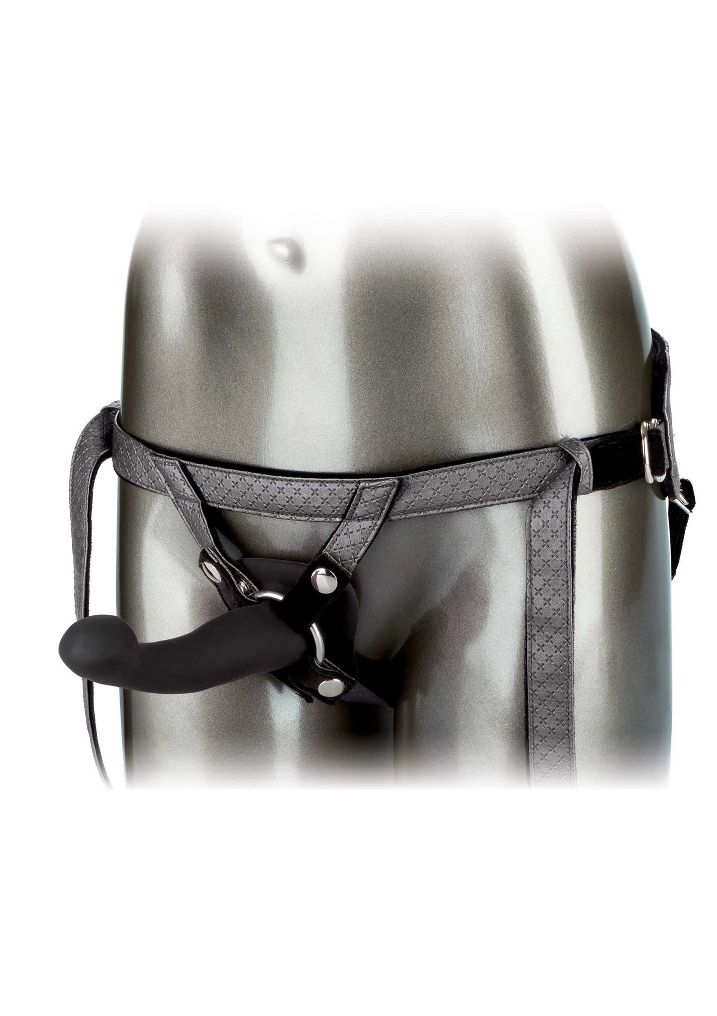 Zijaanzicht grijs metalen harness met zwarte riemen en ronde bevestiging