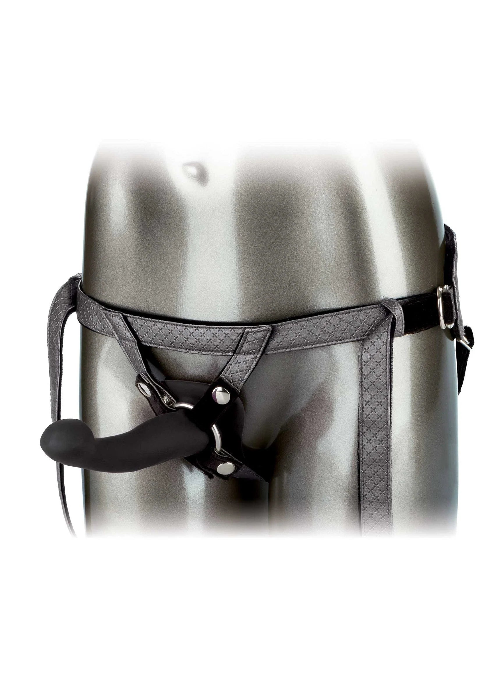 Zijaanzicht grijs metalen harness met zwarte riemen en ronde bevestiging