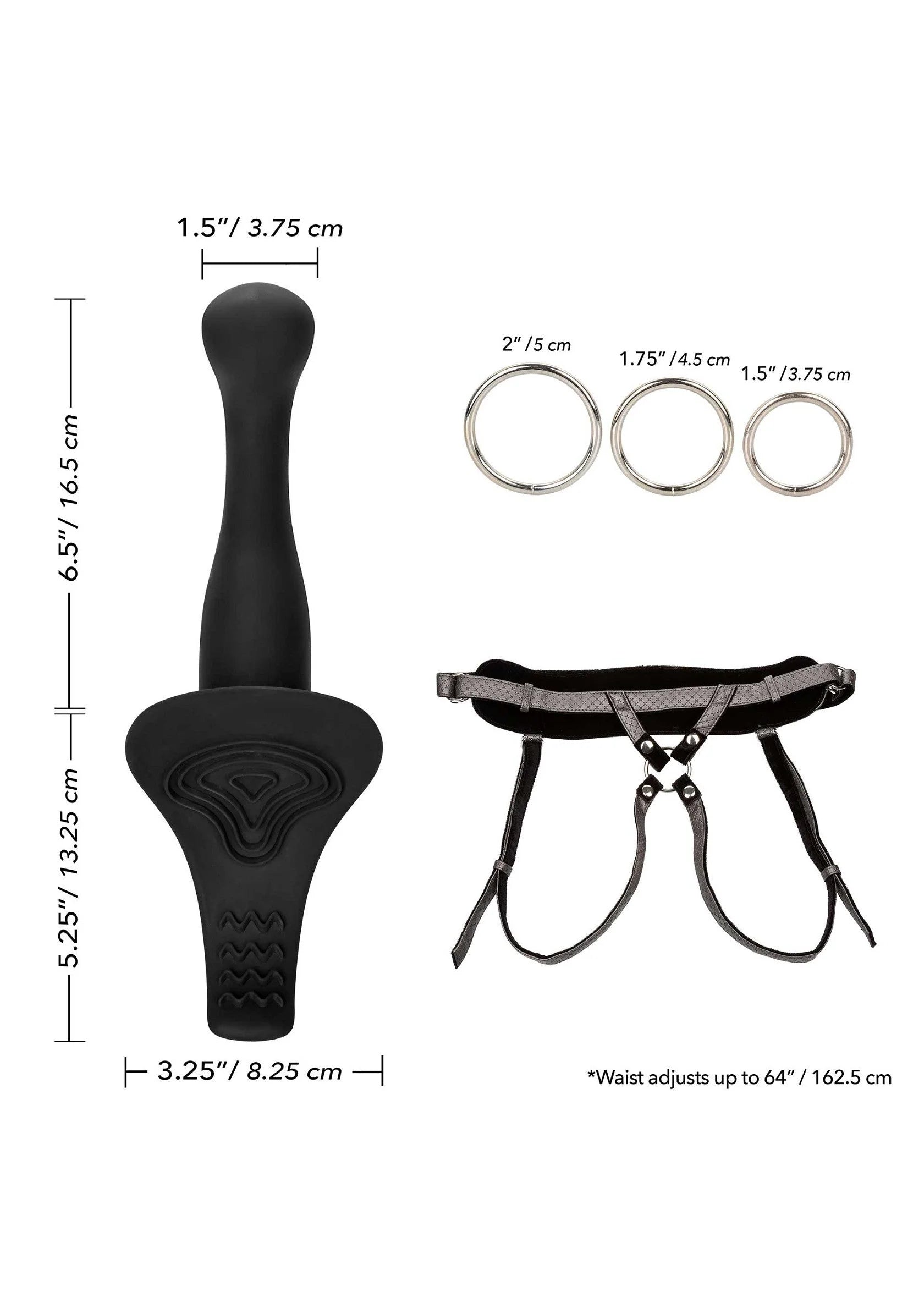 Zwarte strap-on harness set met gebogen siliconen inzet en verstelbare riemen