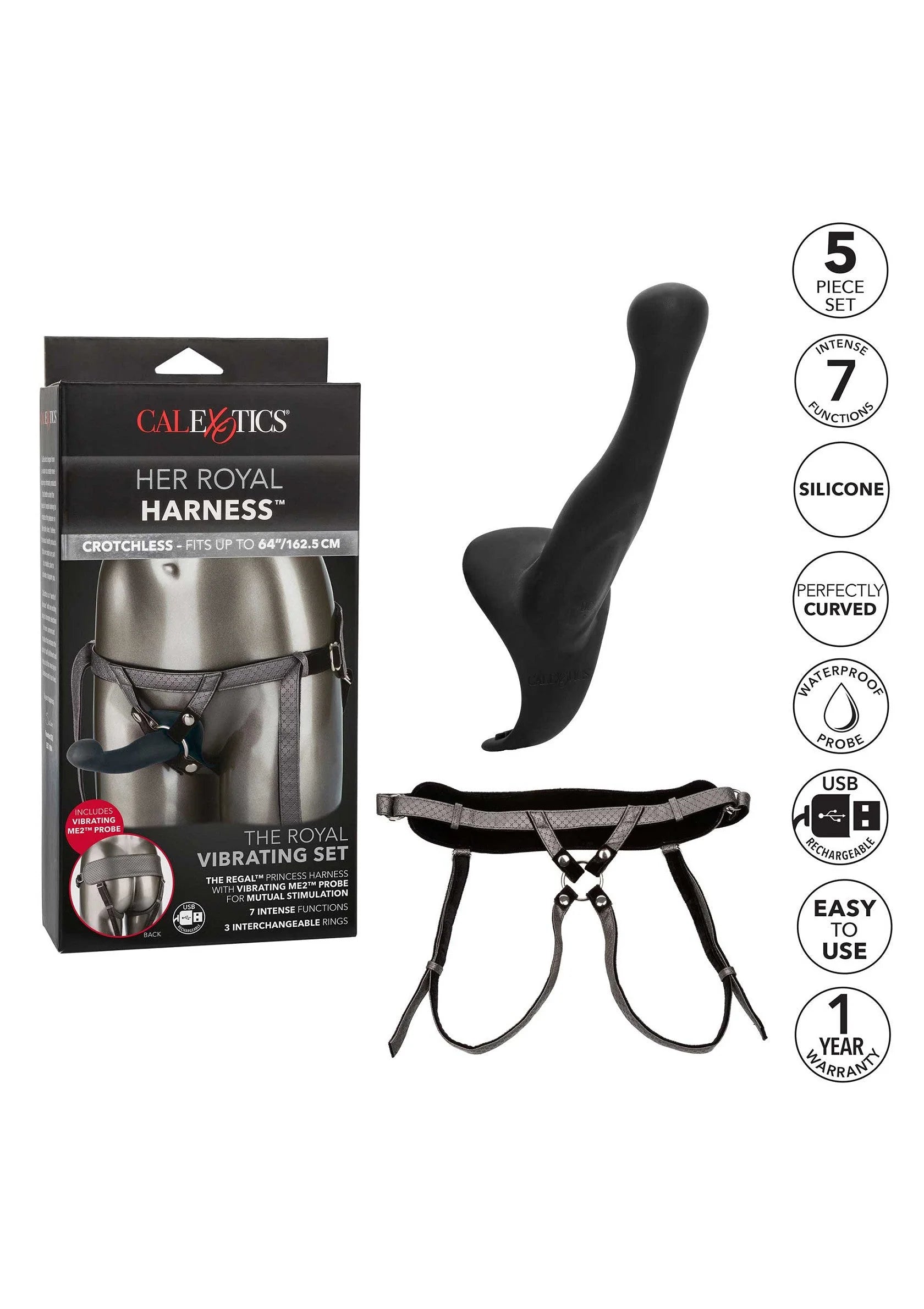 Zwarte strap-on harness met gebogen siliconen inzet en bijpassende riemen