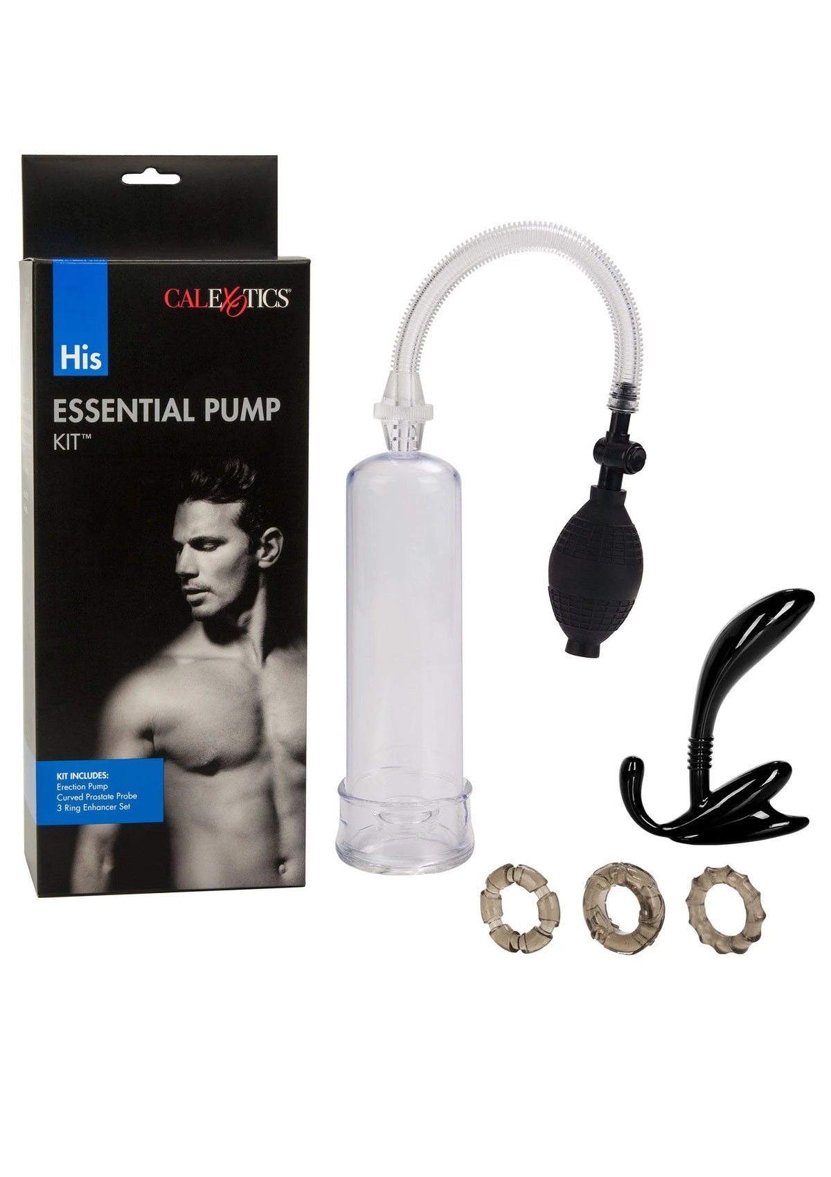 CalExotics penispompkit met verpakking, doorzichtige cilinder, zwarte balg, ringen en opzetstuk
