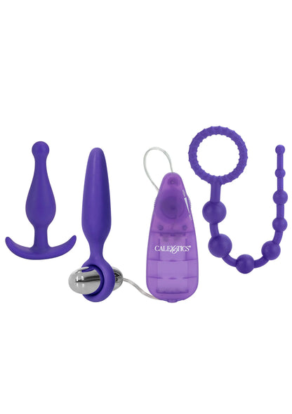 Paars anaal accessoireset: plug, twee kegels, ringstaaf en kralenstaaf