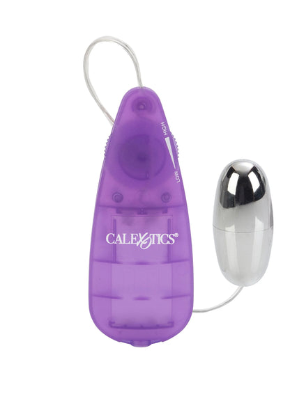 Paarse eivormige anaaltool met CalExotics-logo en zilveren vibro-achtig uiteinde