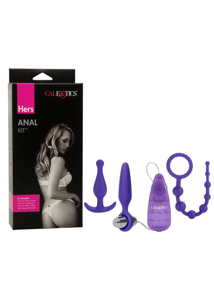 Hers anaal kit verpakking naast paars anaal accessoireset met verschillende onderdelen
