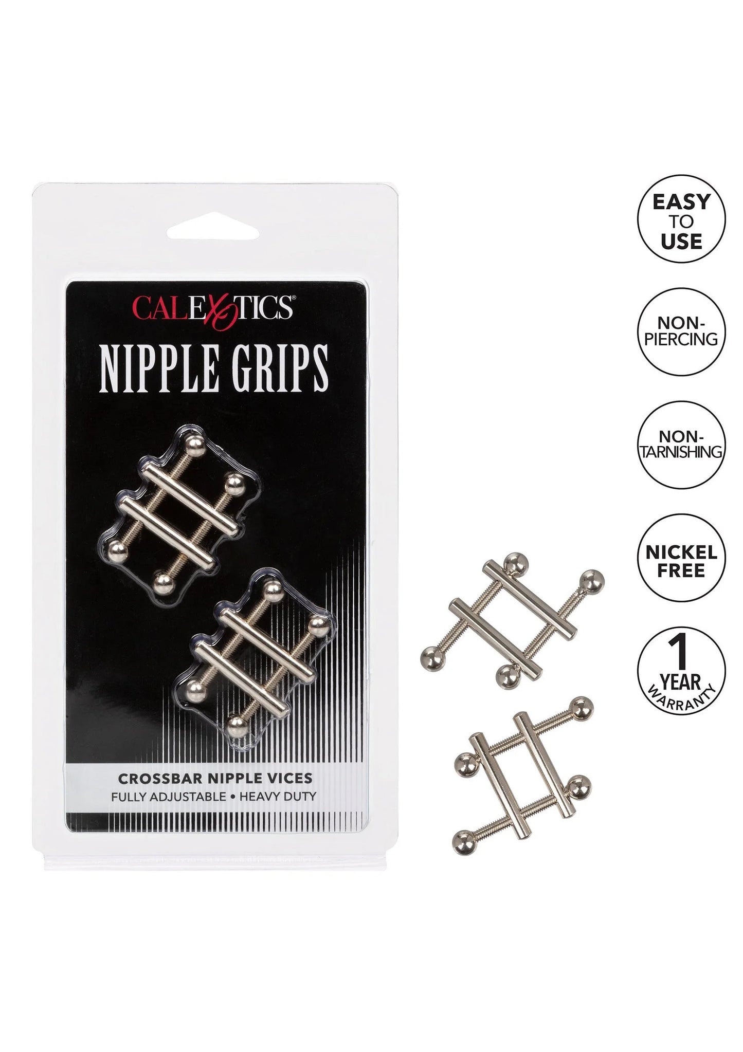 Verpakking met CalExotics Nipple Grips, crossbar nippelvices met zilverkleurige details