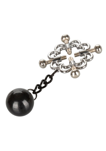 Enkele zilverkleurige nippelgrijper met ketting en zwart bolgewicht, bloemvormige klem