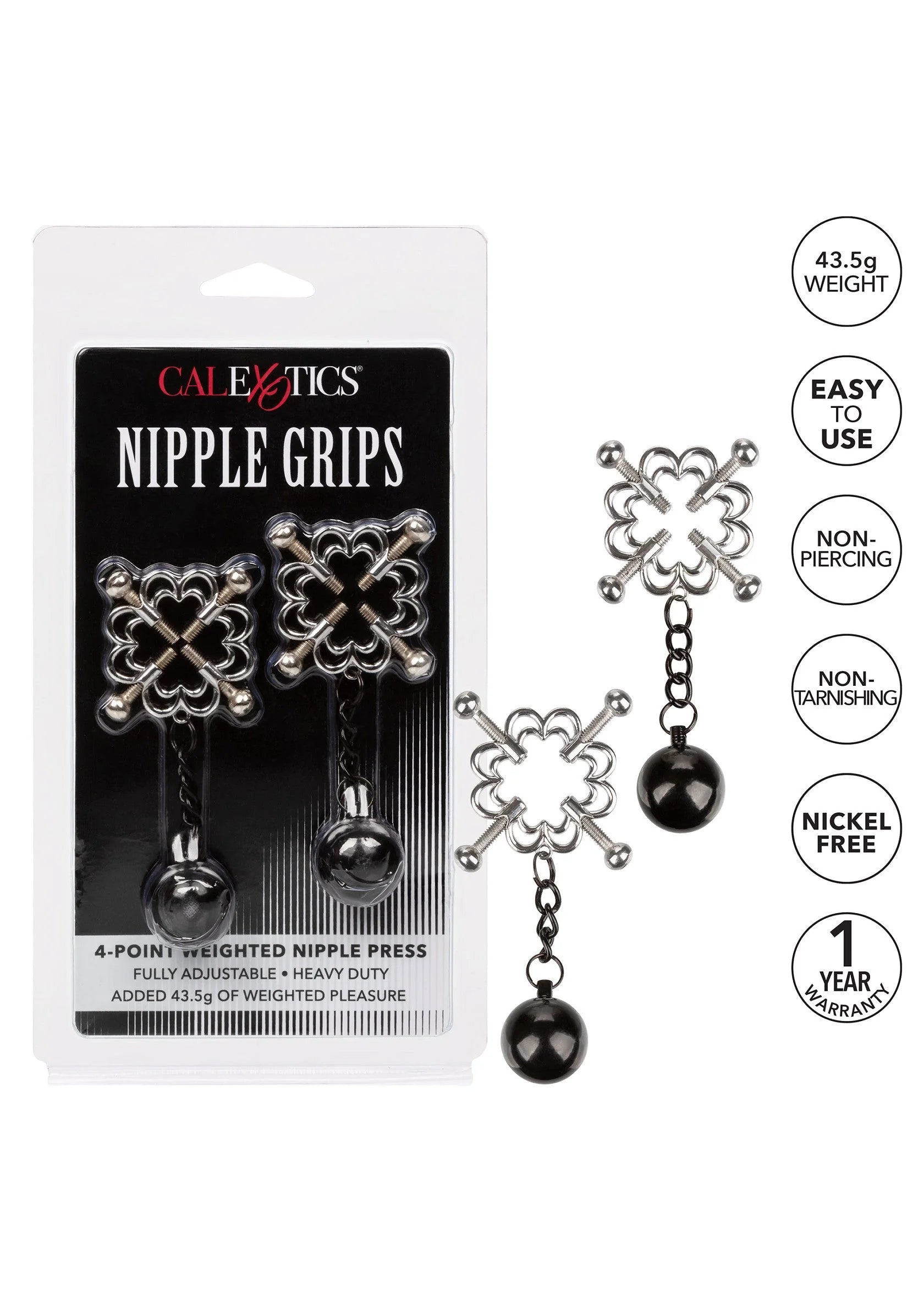 4-punts gewogen tepelklem CalExotics in verpakking, met metalen klem en ketting met bal