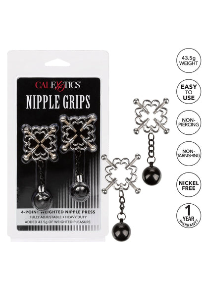 4-punts gewogen tepelklem CalExotics in verpakking, met metalen klem en ketting met bal
