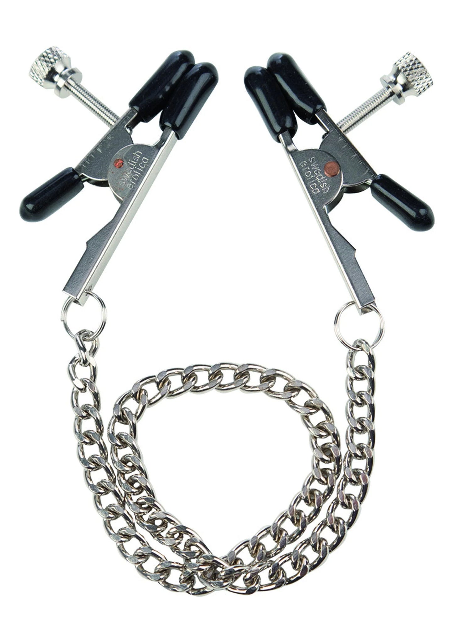 Twee zwarte bull-nose tepelklemmen met lange zilverkleurige ketting