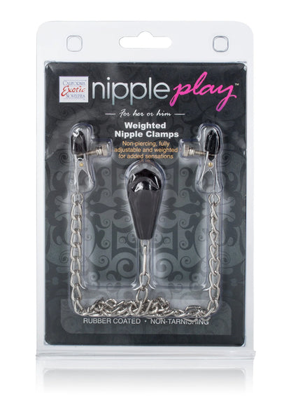 CalExotics nippleplay gewogen tepelklemmen in blisterverpakking met kettingen en zwarte inzet.