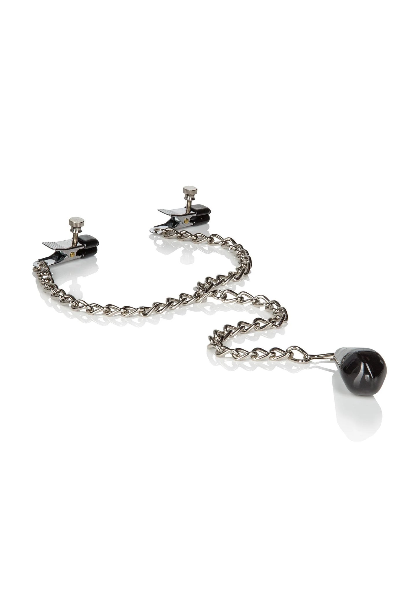 Gewogen tepelklemmen op ketting met twee metalen klemmen en zwart druppelgewicht, los liggend.
