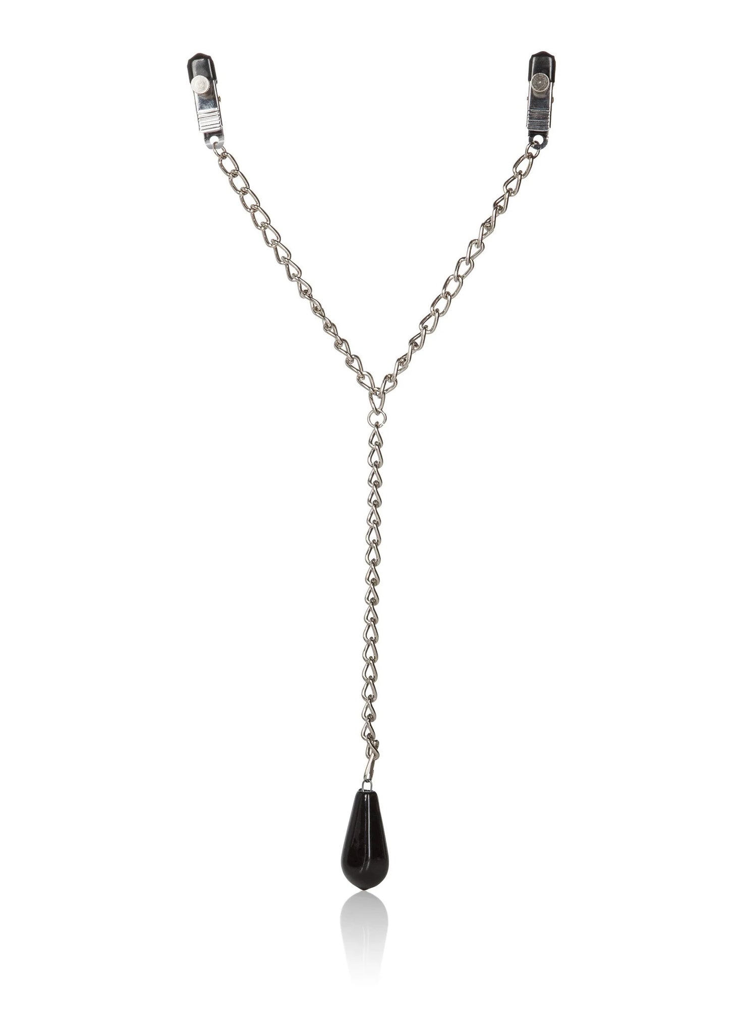 Gewogen tepelklemmen met twee klemmen, zilverkleurige ketting en zwart druppelgewicht aan de ketting.
