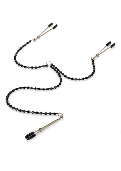 Tepelklemmen met zwarte kralenketting en twee metalen klemlichamen