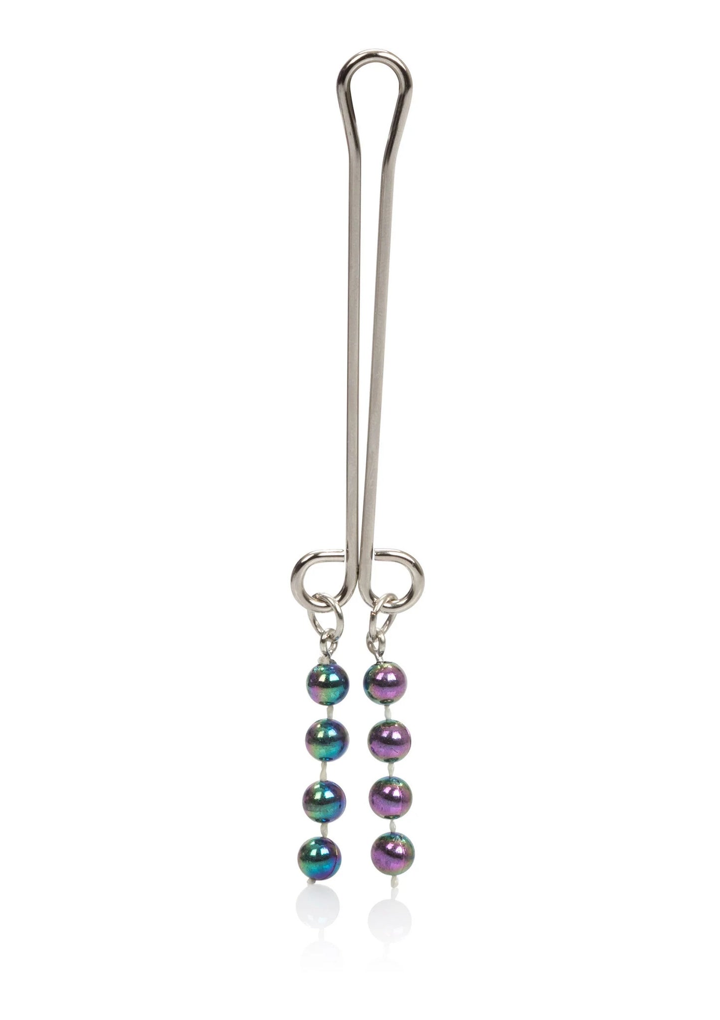 Clitoris piercing-sieraad met U-vormige metalen haak en glanzende kralen in paars en teal