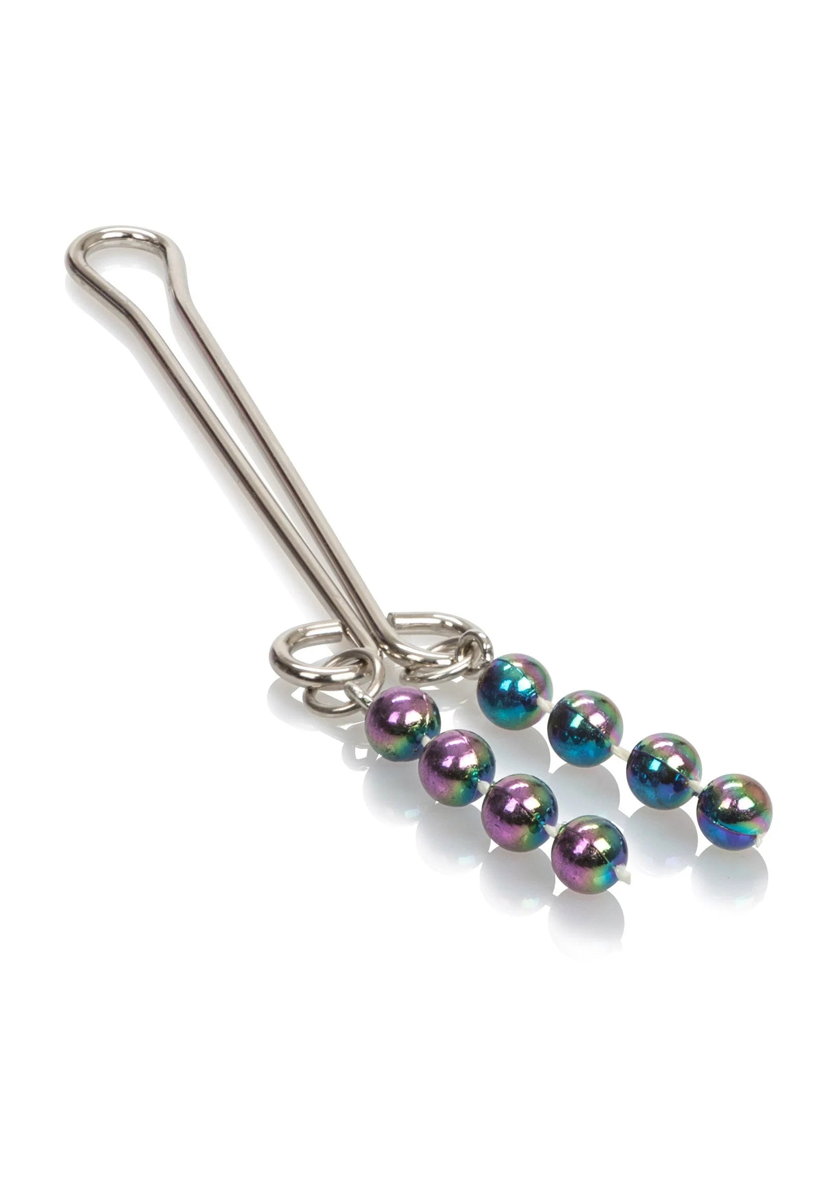 Clitoris piercing-sieraad met metalen staaf en meerdere glanzende kralen in paars en teal