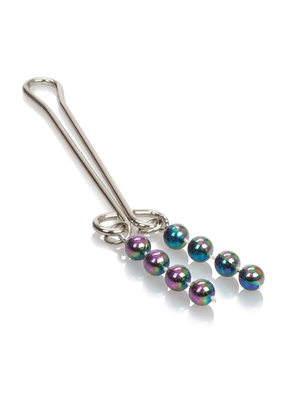 Clitoris piercing-sieraad met metalen staaf en meerdere glanzende kralen in paars en teal