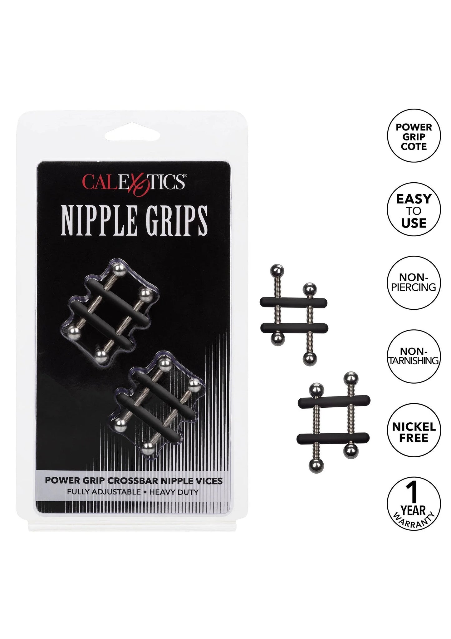 CalExotics Nipple Grips verpakking met producttekening en pijler-icoontjes