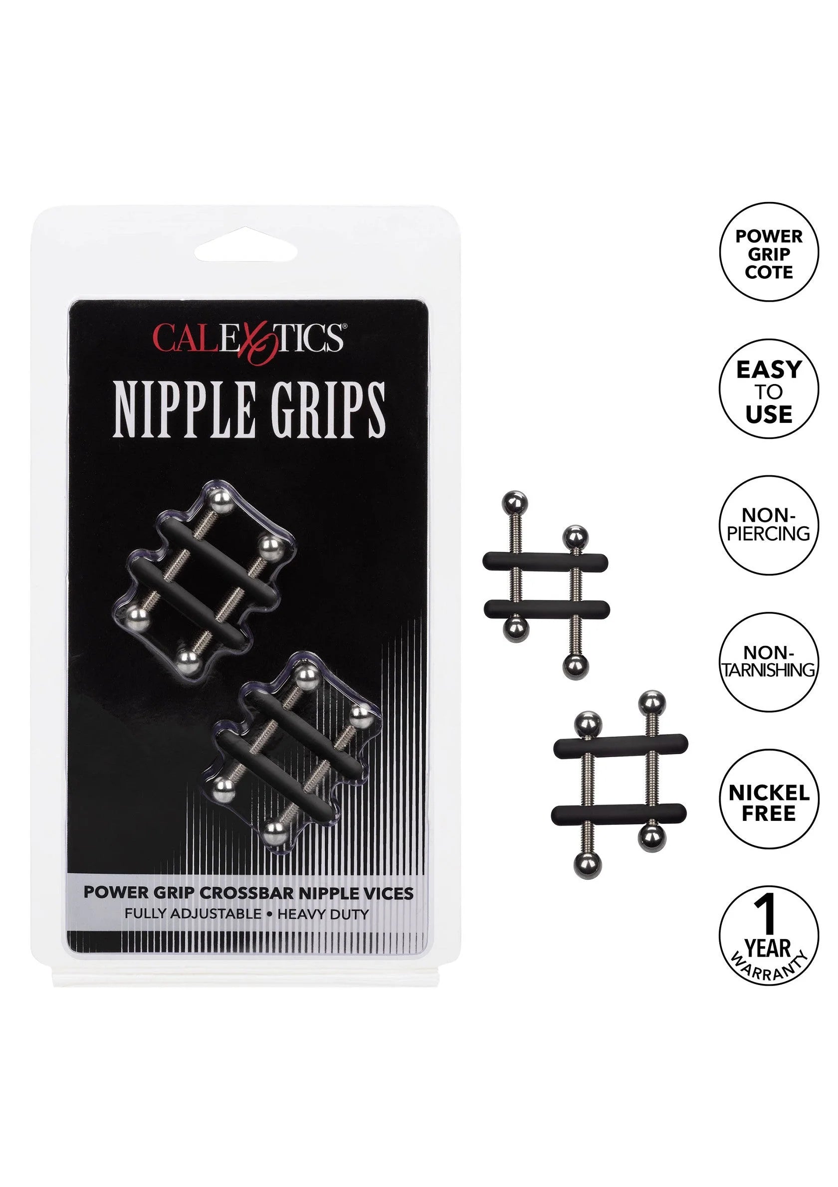 CalExotics Nipple Grips verpakking met producttekening en pijler-icoontjes