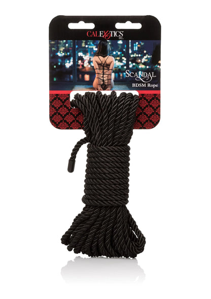 CalExotics Scandal BDSM-rope van zwart touw, verpakt op displaykaart.
