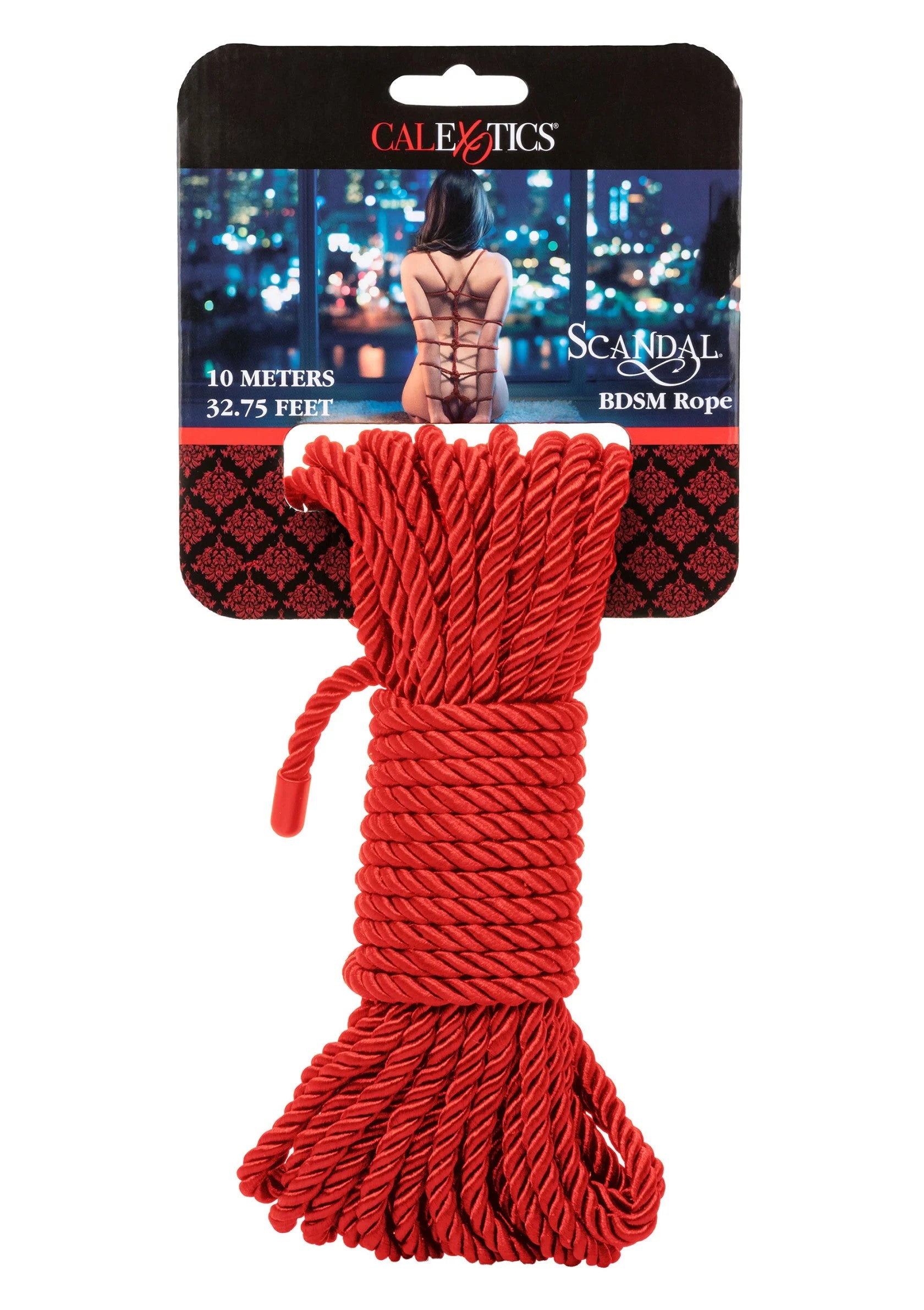 CalExotics Scandal BDSM-rope van rood touw, op displaykaart met 10 meter.