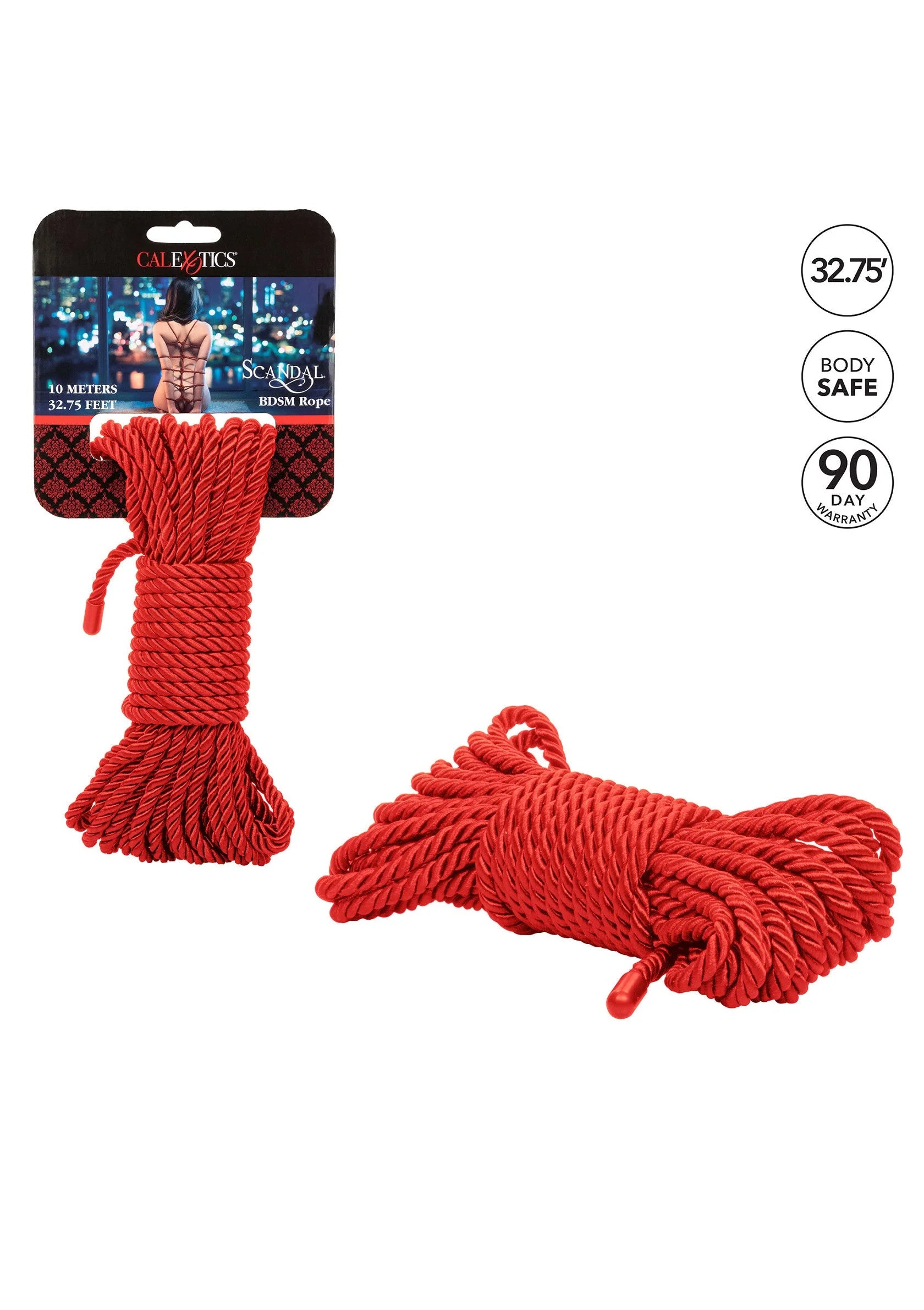 Rode BDSM-rope van CalExotics, gedraaid touw met losse uiteinden.