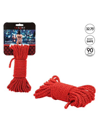 Rode BDSM-rope van CalExotics, gedraaid touw met losse uiteinden.