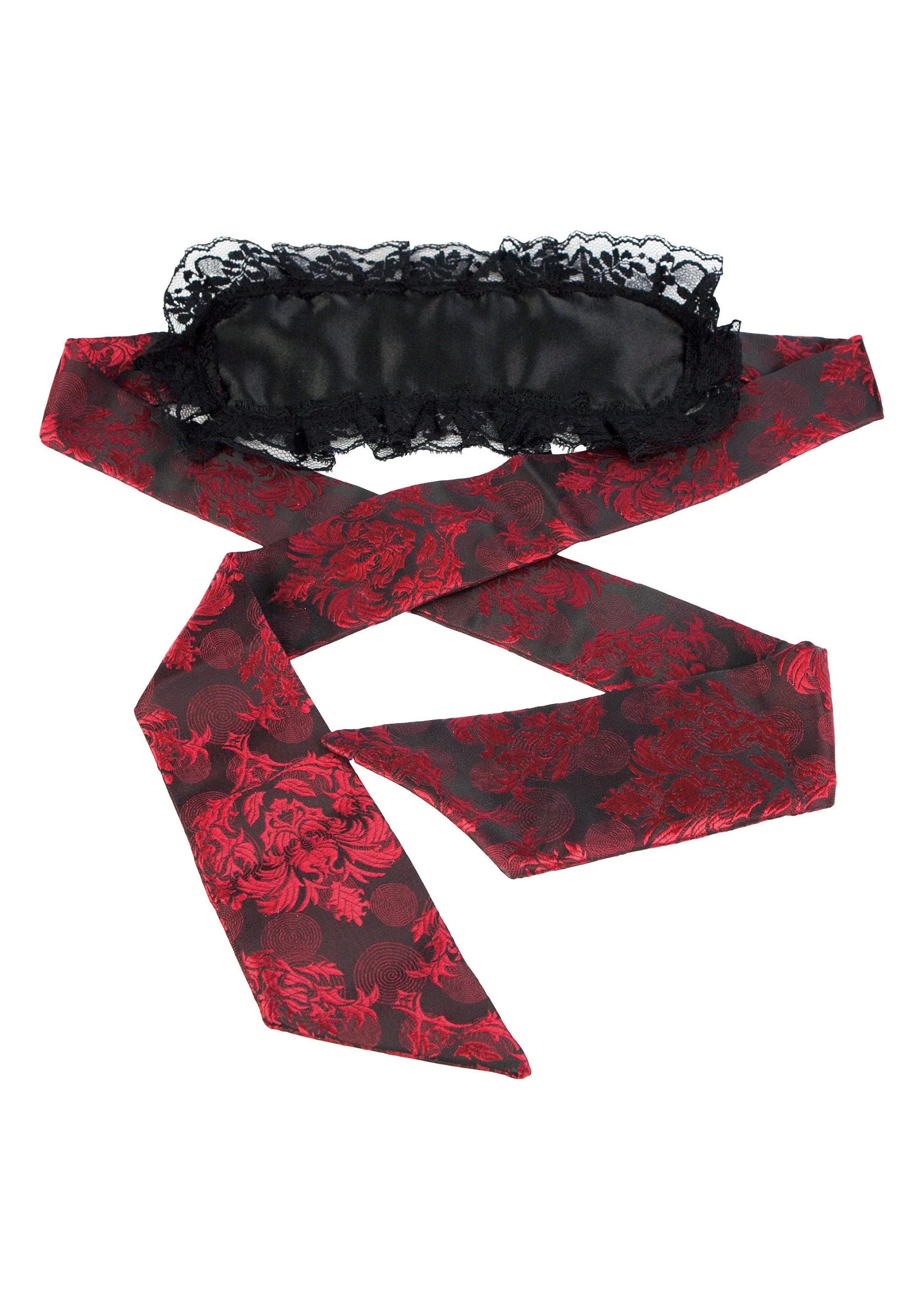 Oogmasker met zwarte kanten rand en rode bloemprint lintstrik