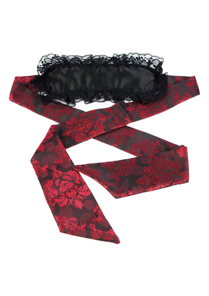 Oogmasker met zwarte kanten rand en rode bloemprint lintstrik