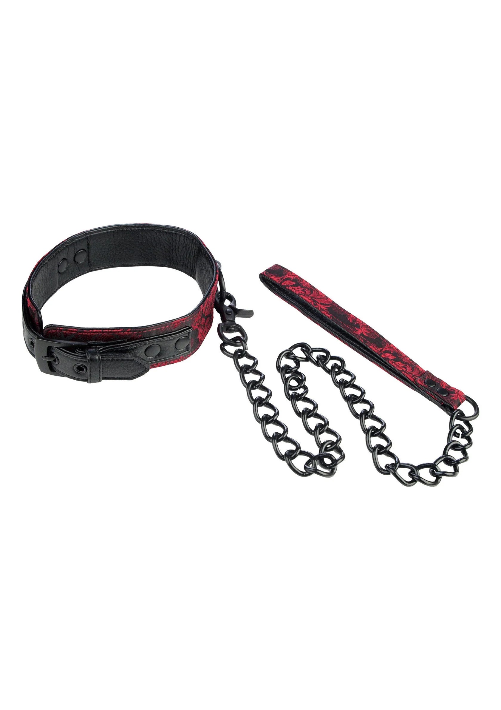 Halsband en leiband met rood-swart band en zilverkleurige ketting