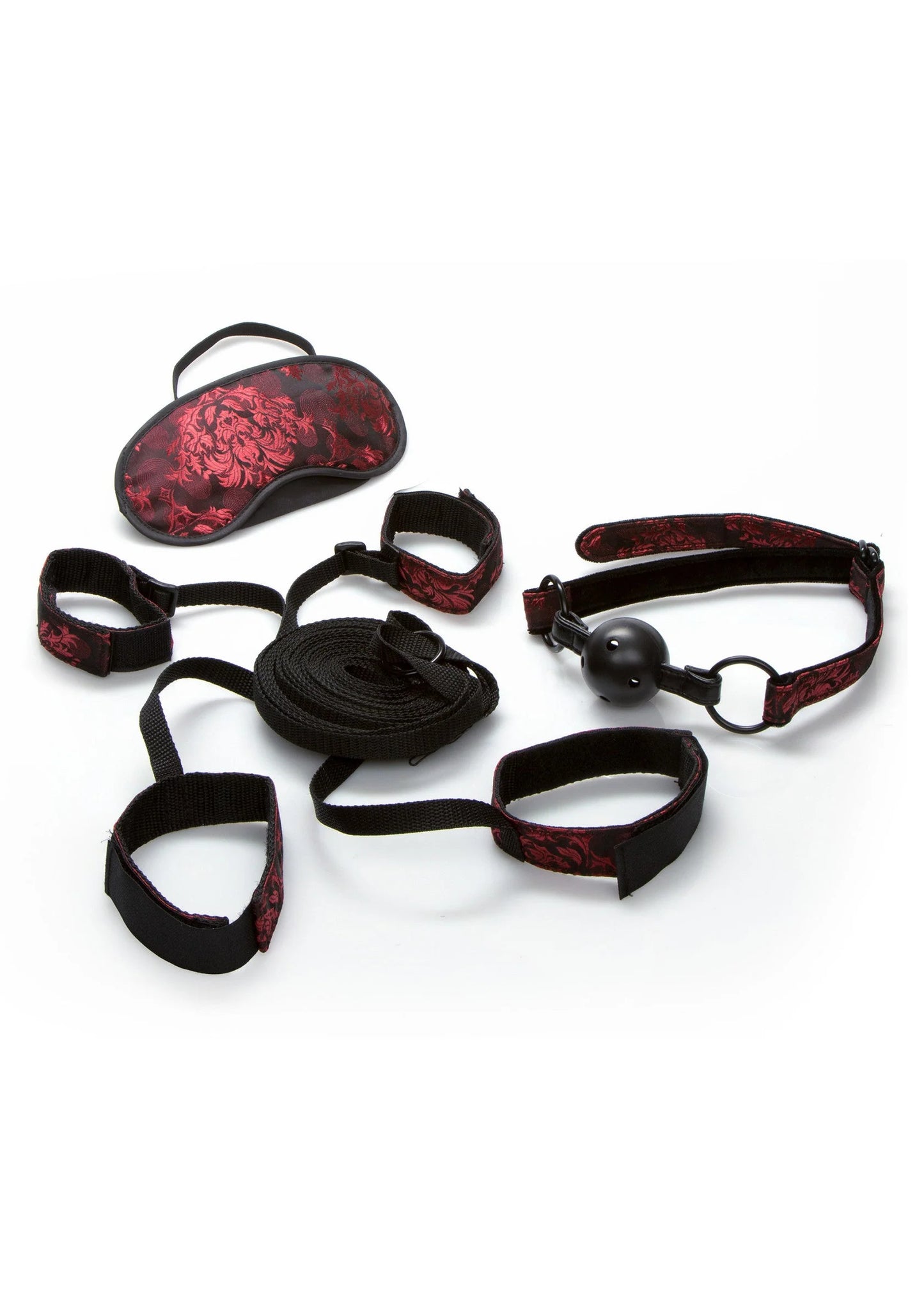 Beddwangset accessoires: zwart/rood oogmasker, pols- en enkelbanden