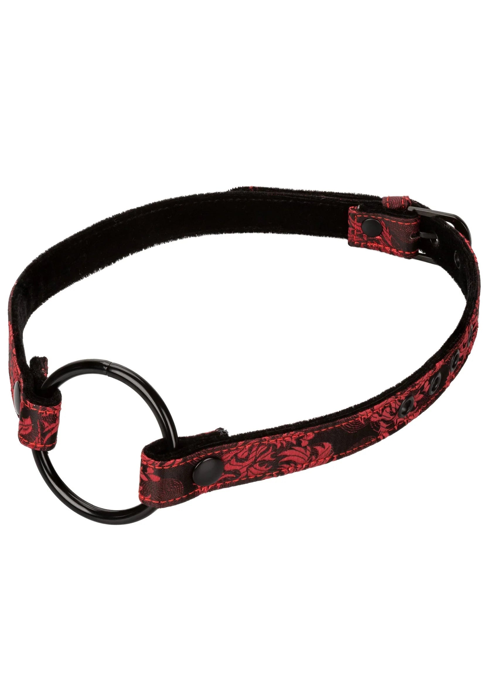 Brede open mond gag met zwart fluwelen band, rood patroon en metalen ring