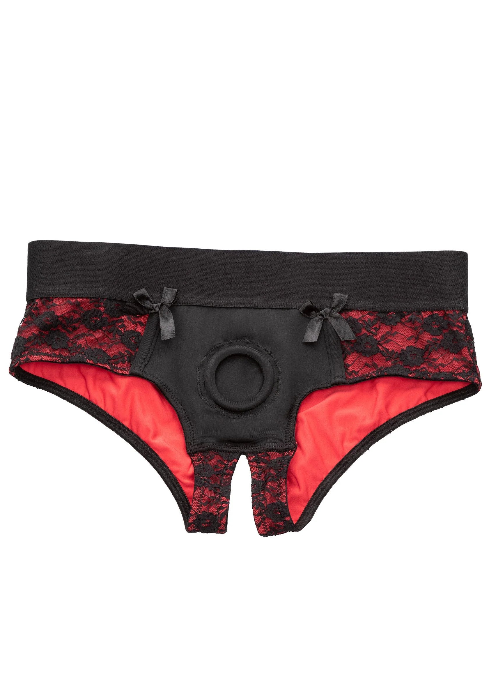 Zwarte en rode kanten crotchless slip met ronde ring en open kruis