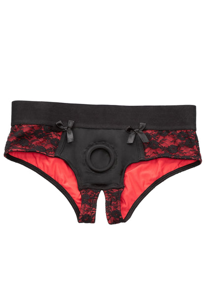 Zwarte en rode kanten crotchless slip met ronde ring en open kruis