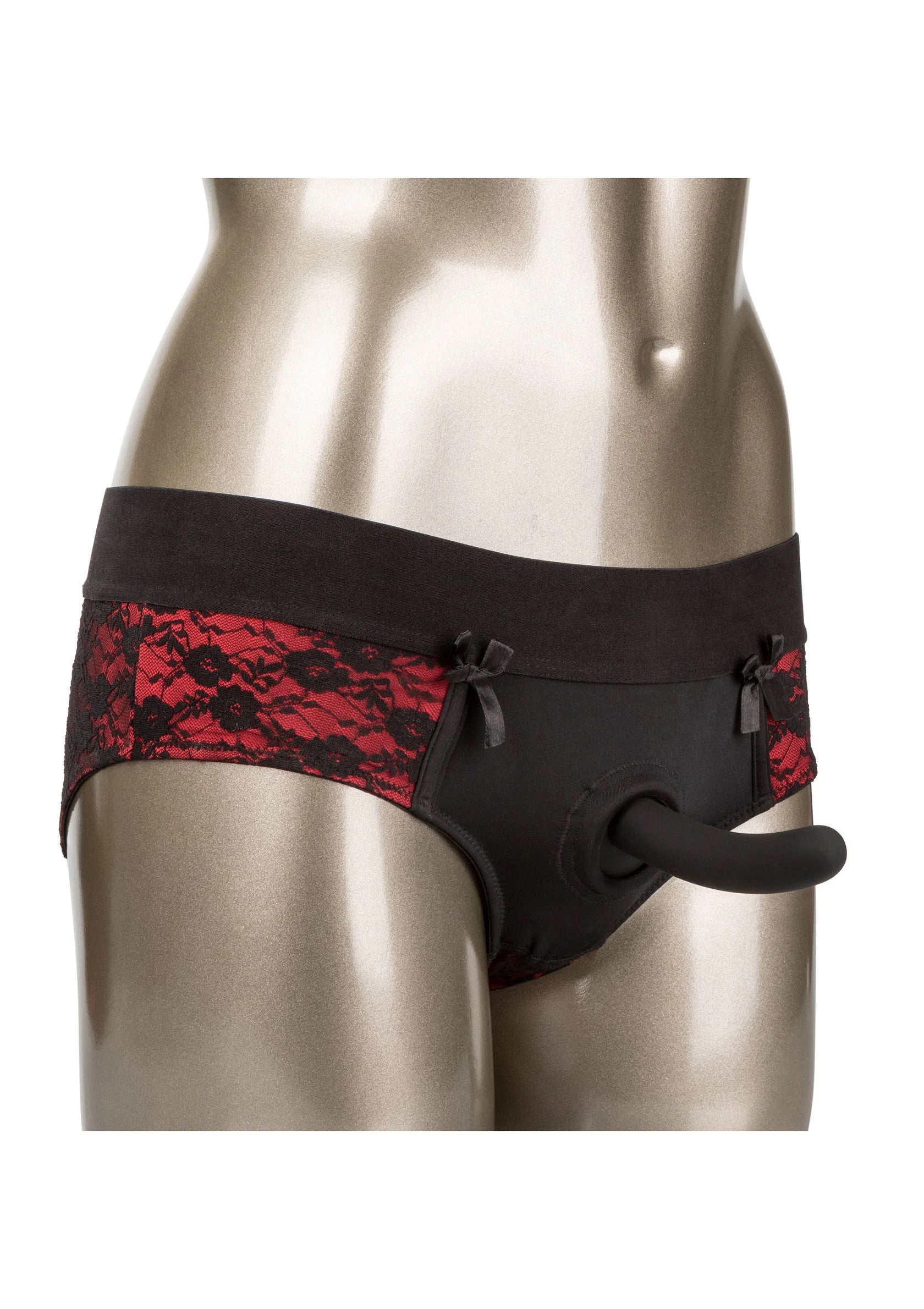 Zwart-rode crotchless panty op paspop, ronde ring en zijstrikjes