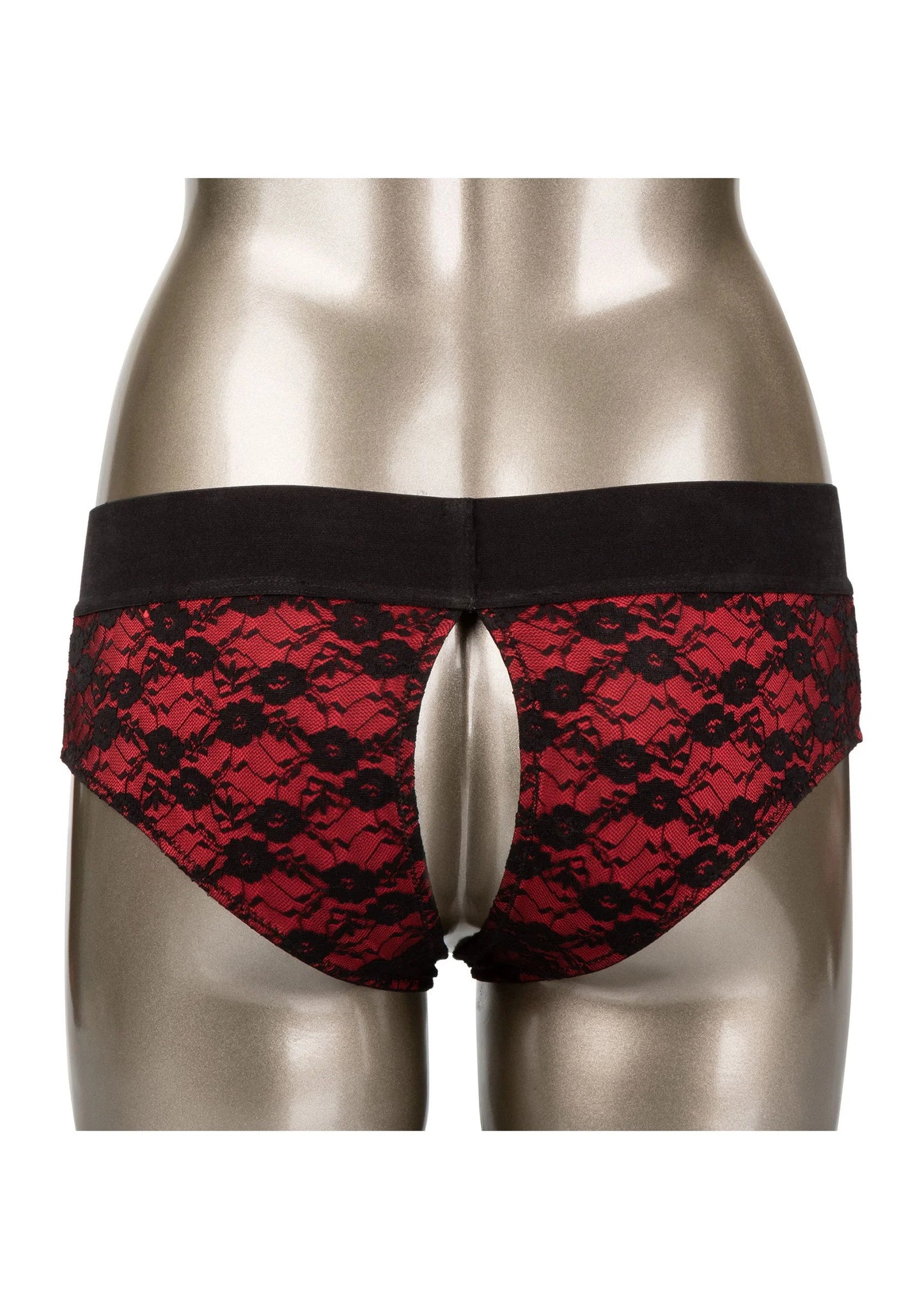 Zwart-rode crotchless panty op paspop, open kruis met ronde ring
