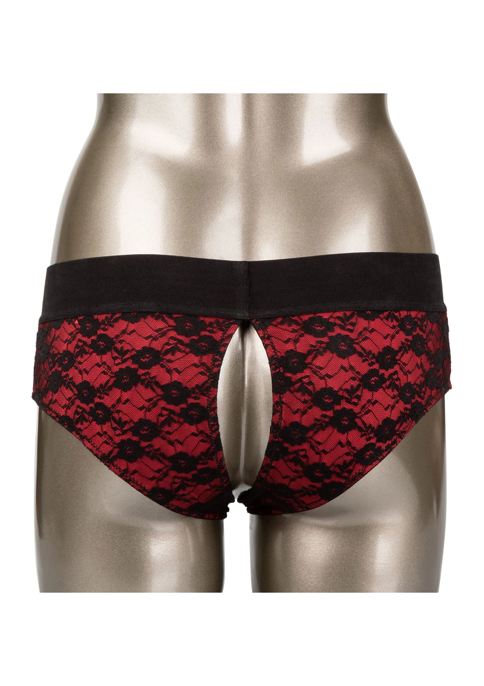 Zwart-rode crotchless panty op paspop, open kruis met ronde ring